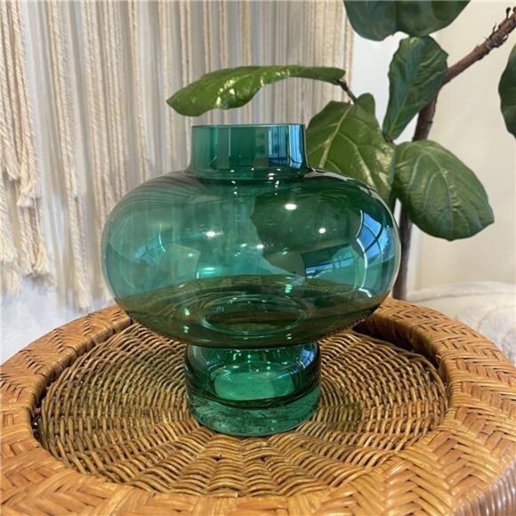 NEW Anthro Large Green Glass Asymmetrical Boho Art Deco Flower Vase Decor - 8" - Picture 5 of 9